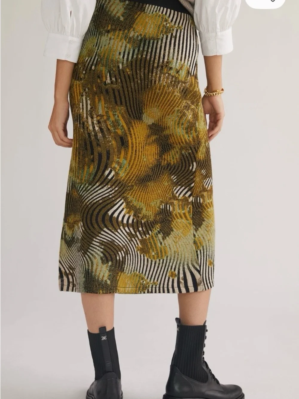 Anthropologie Wild Knit Midi Skirt, Olive & Black Abstract Pattern
